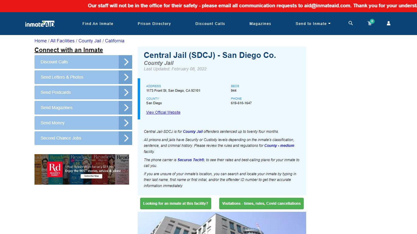Central Jail (SDCJ) - San Diego Co. - Inmate Locator - San ...