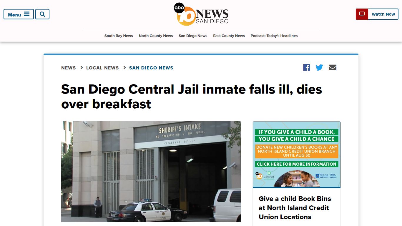 San Diego Central Jail inmate falls ill, dies over breakfast